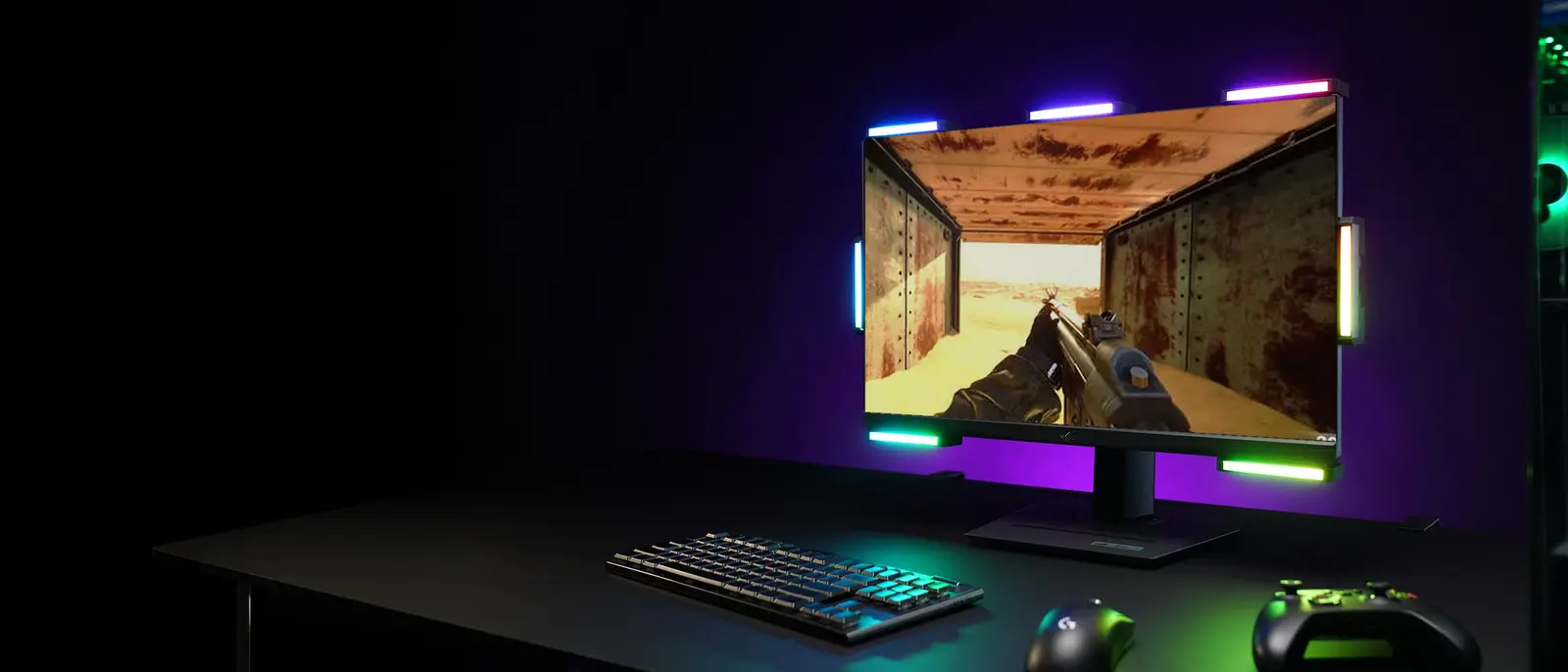Audio Radar light bars glowing around a gaming monitor in a dark room